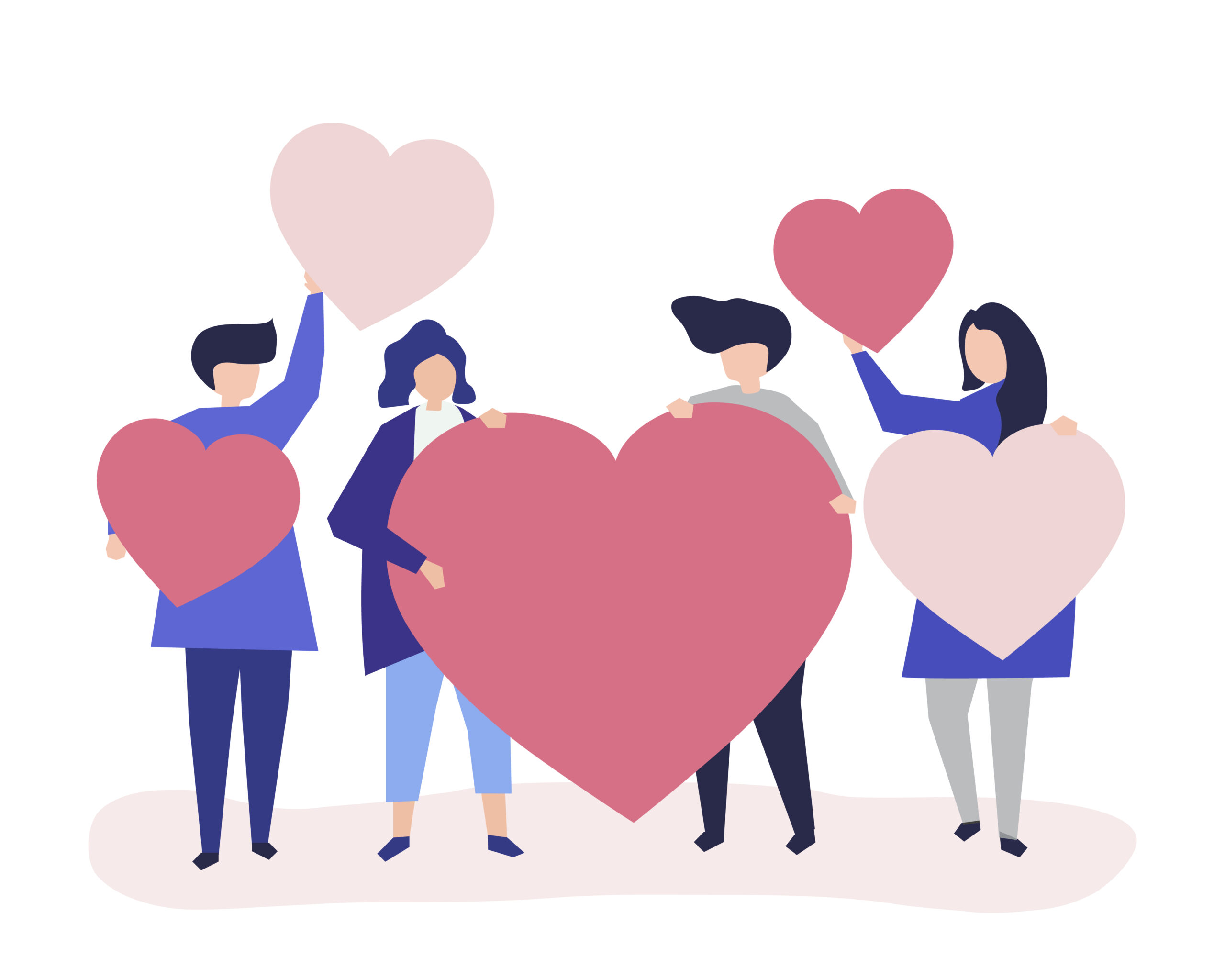 Characters of people holding heart shapes illustration